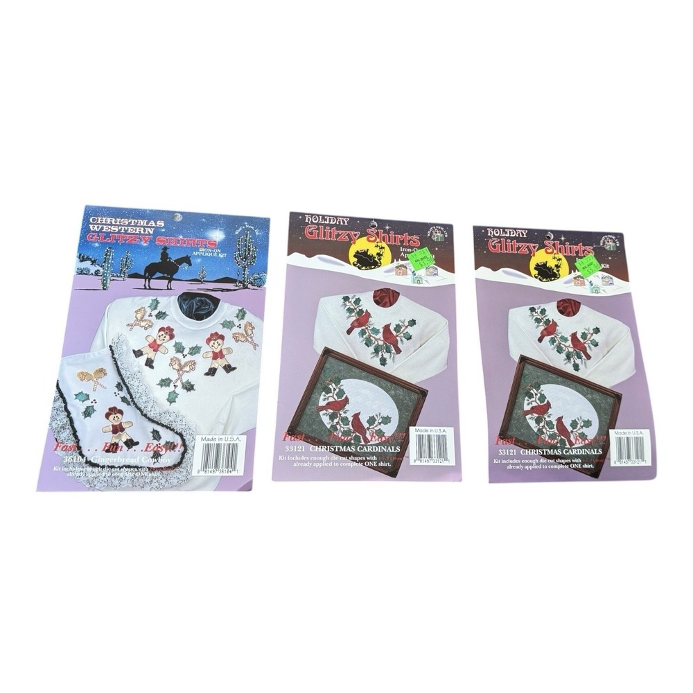 Vintage 1990s What's New Glitzy Shirts Iron On Applique Kits Christmas Lot 3 NOS